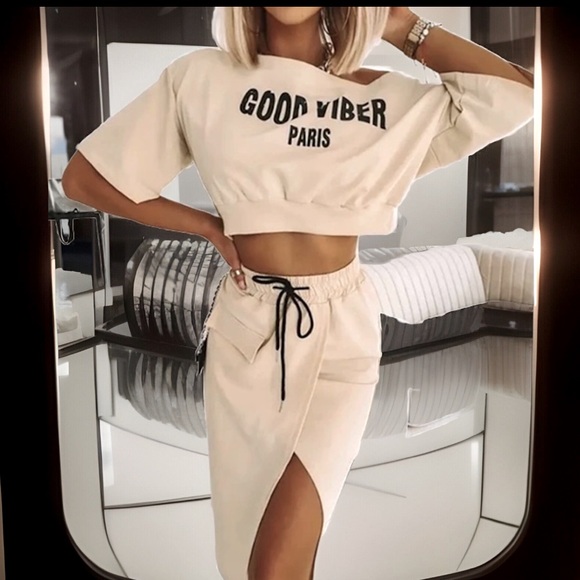 GOOD VIBER PARIS Off Shoulder Elastic Waist Crop Top W/High Split 2pc Skirt Set - Picture 5 of 9